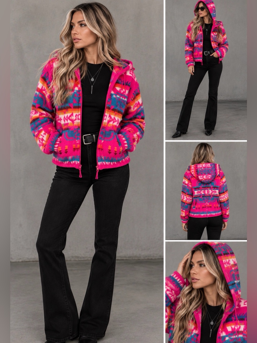 Kids Hooded Zip Jacket - Bright Pink Aztec Print
